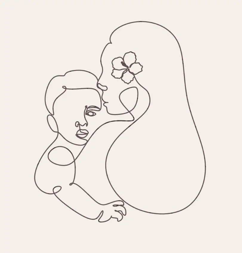 Single line drawing of mother and her child