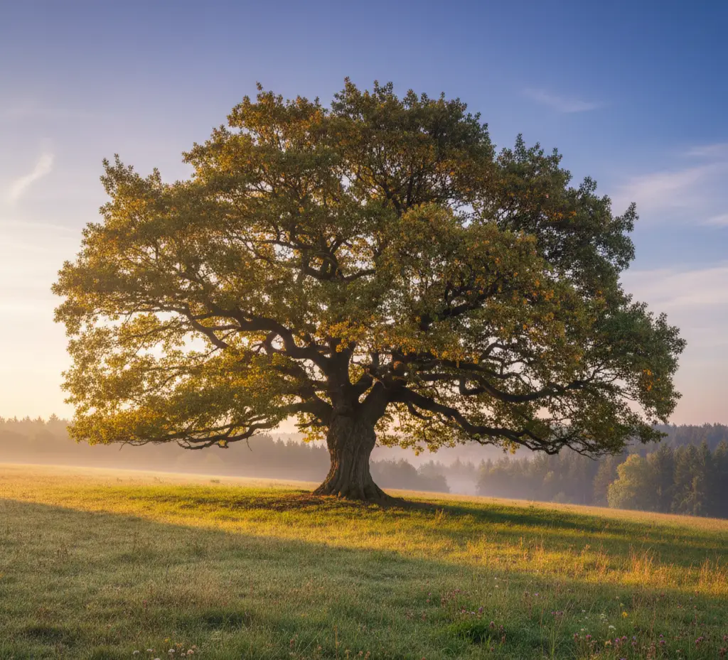 Oak tree in a bright field symbolising fertility